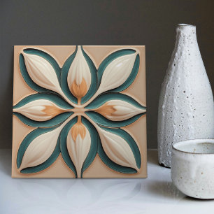 Teal Tulips Symmetric Art Deco Kakelplatta