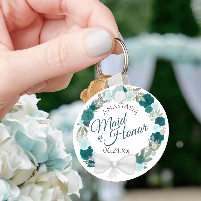 Teal Turcoise Blommigt Wandan Maid of honor Bröllo Nyckelring (Skapare uppladdad)