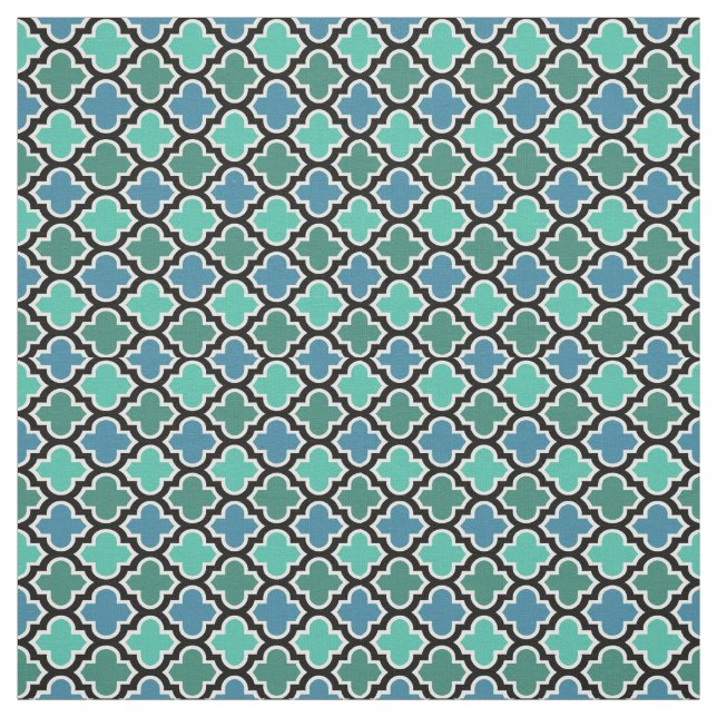 Teal Turcoise Blue Moroccan Quatrefoliil Mönster Tyg (Provkarta)