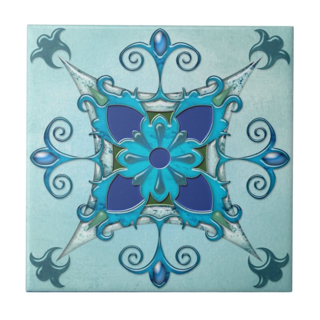 Teal Turcoise Mediterranean Design Tile Kakelplatta (Framsidan)