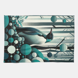 Teal turcoise penguin in in the Art Deco Geometric Kökshandduk