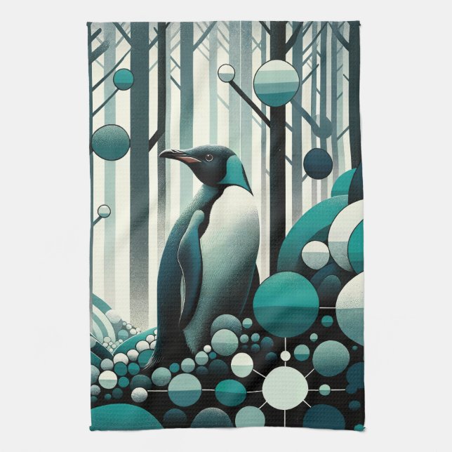 Teal turcoise penguin in in the Art Deco Geometric Kökshandduk (Vertikal)