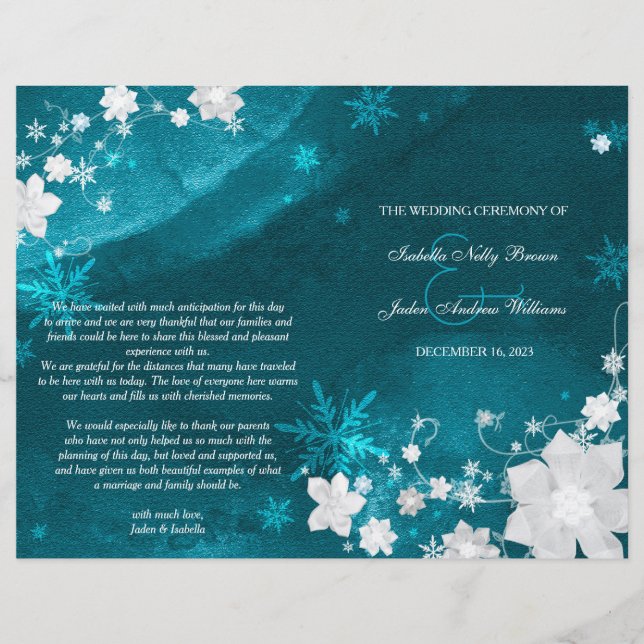 Teal Turcoise Winter Wedding Bi Fold Program (Framsida)