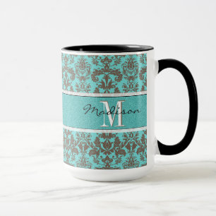 Teal Turcos blue & Brown Damask, Personlig Mugg