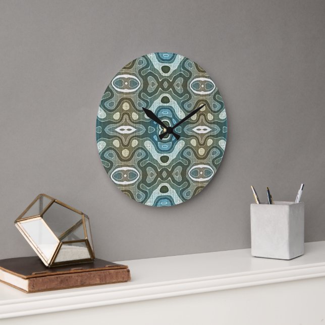 Teal Turcos Blue Grått Brown Hip Bohemian Art Stor Klocka (Kontor)