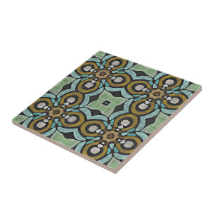 Teal Turcos Blue Grönt Ochre Ethnic Tribe Art Kakelplatta