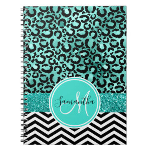 Teal Turcos Faux Glitter Leopard Skriv ut Monogram Anteckningsbok