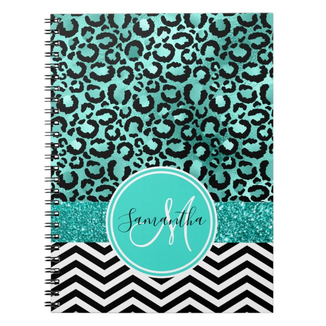 Teal Turcos Faux Glitter Leopard Skriv ut Monogram Anteckningsbok (Framsidan)