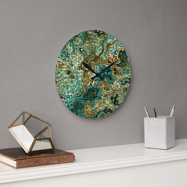 Teal Turcos Guld Brown Minerals Marble Mönster Stor Klocka (Kontor)