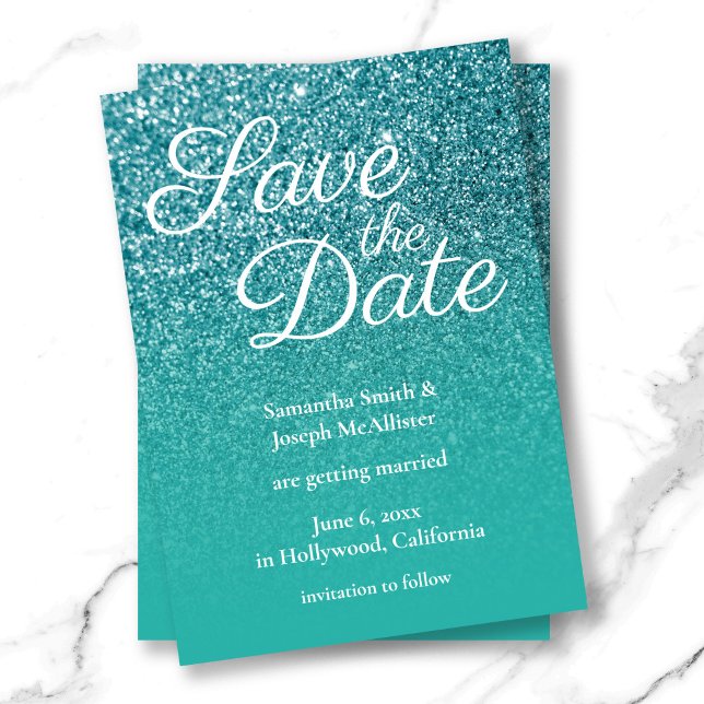 Teal Turcos Ombre Glitter Spara datum Inbjudningar (Teal Turquoise Ombre Glitter Save the Date Invitation)