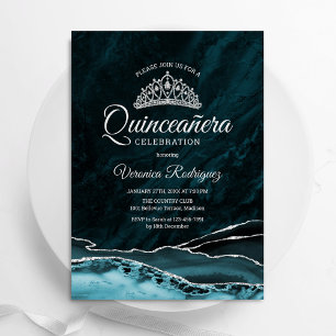 Teal Turcos Silver Quinceanera Agate Marble Inbjudningar
