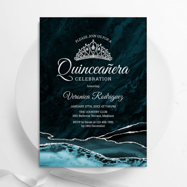 Teal Turcos Silver Quinceanera Agate Marble Inbjudningar (Skapare uppladdad)