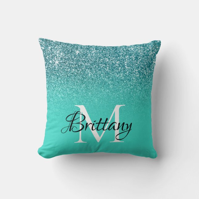 Teal Turcouise Glitter Ombre Monogram Kudde (Framsida)