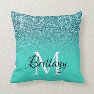 Teal Turcouise Glitter Ombre Monogram Kudde