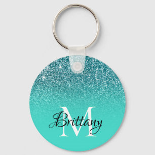 Teal Turcouise Glitter Ombre Monogram Nyckelring