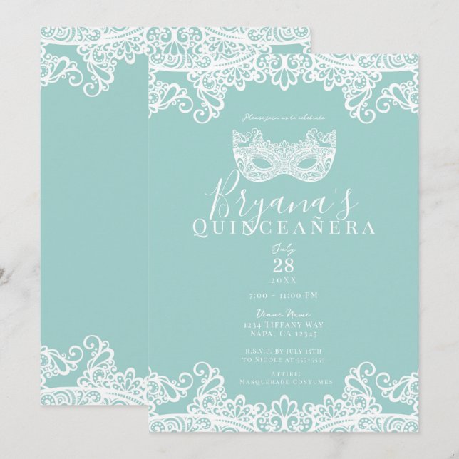 Teal Turcouise Snöre Masquerad 15th Quinceañera Inbjudningar (Fram/baksida)