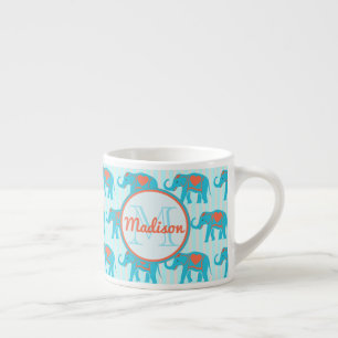 Teal turkos, blå elefanter på blå rand namn espressomugg