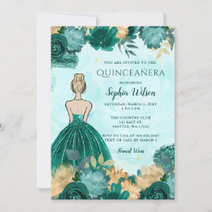 Teal Turkos Guld Blommig Princess Quinceañera Inbjudningar