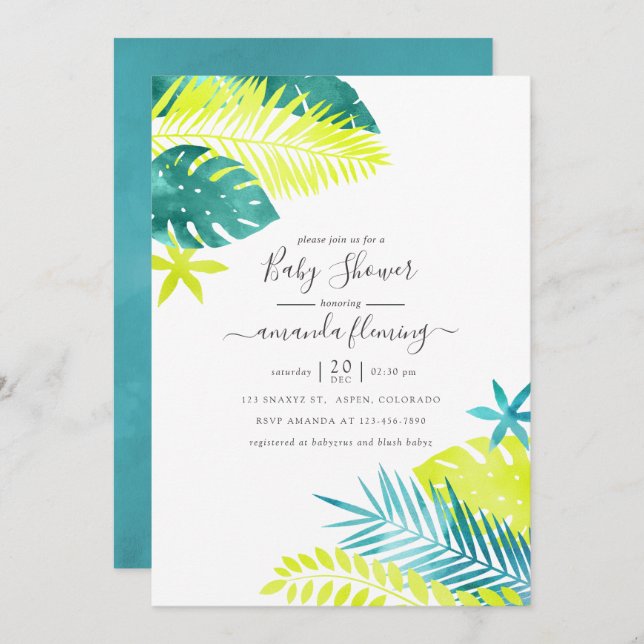 Teal - turkos och Lemon Tropical Baby Shower Inbjudningar (Fram/baksida)