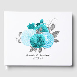 Teal - Turkos och Silver Blommig Bröllop Gästböcker