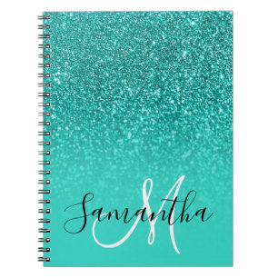 Teal Turkvoise Faux Glitter Ombre Monogram Anteckningsbok
