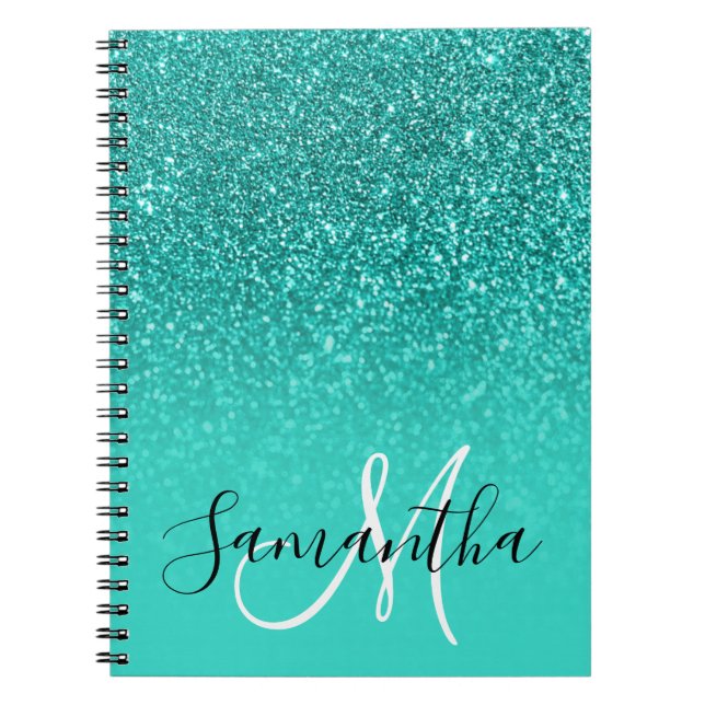 Teal Turkvoise Faux Glitter Ombre Monogram Anteckningsbok (Framsidan)