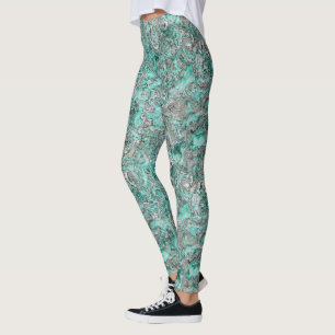 Teal Turkvoise Faux Silver Minerals Agate Mönster Leggings