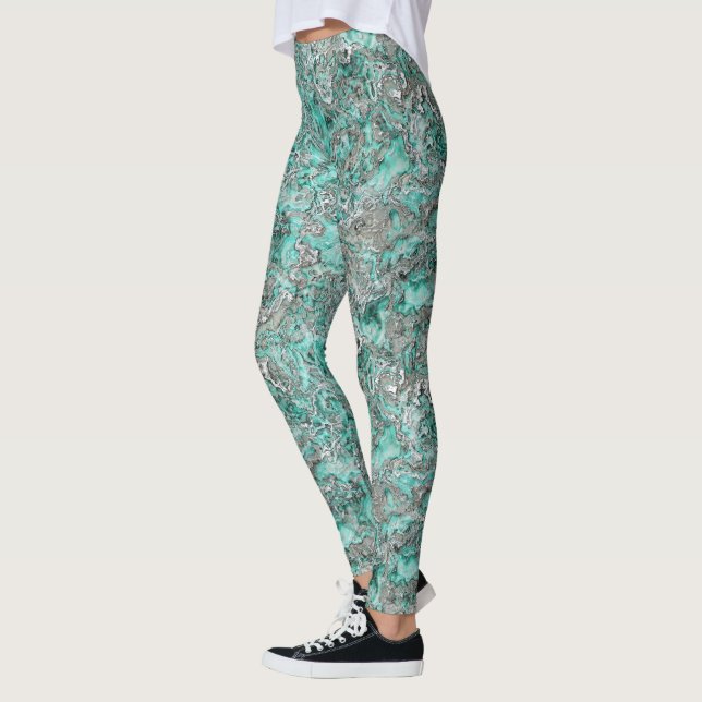 Teal Turkvoise Faux Silver Minerals Agate Mönster Leggings (Vänster)