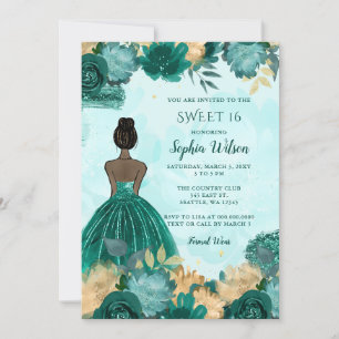 Teal Turquise Guld Blommigt Princess Sweet 16 Inbjudningar