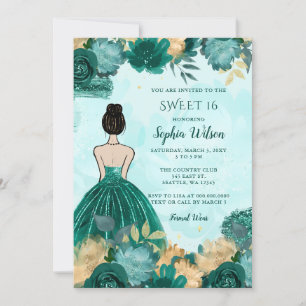 Teal Turquise Guld Blommigt Princess Sweet 16 Inbjudningar