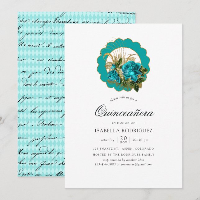 Teal - Turquise och Guld Chic Paris Quinceañera Inbjudningar (Fram/baksida)