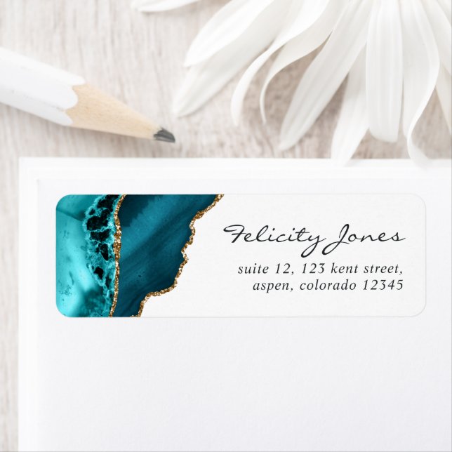 Teal - Turquise och Guld Geode Agate Stone Label Returadress Etikett (Insitu)
