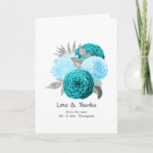 Teal - Turquise och Silver Blommigt Bröllop Tack Kort