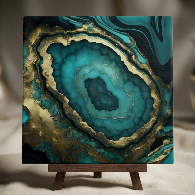 Teal Turquoise and Gold Agate Geode Liquid Marble Kakelplatta (Skapare uppladdad)