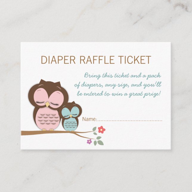 Teal Uggla Baby Shower Diaper Raffle Biljett Infog Tilläggskort (Framsida)