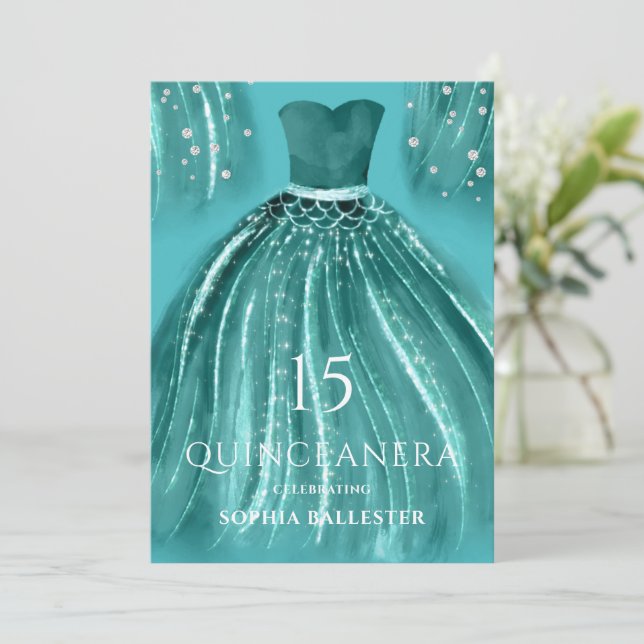 Teal under Sea Sjöjungfru Dress Quinceanera Inbjudningar (Stående Fram)
