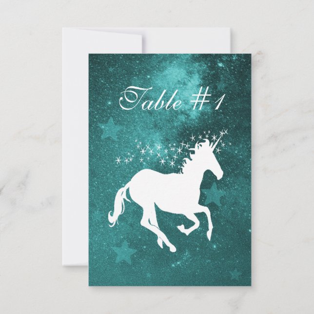 Teal Unicorn-bröllopskort Bord Card Inbjudningar (Baksida)