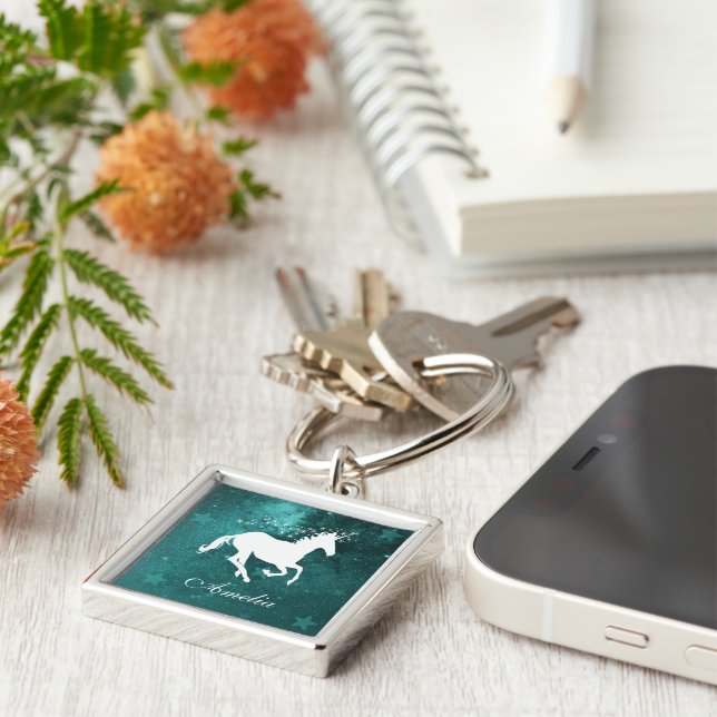 Teal Unicorn Personlig Keychain Fyrkantig Silverfärgad Nyckelring (Sidan)