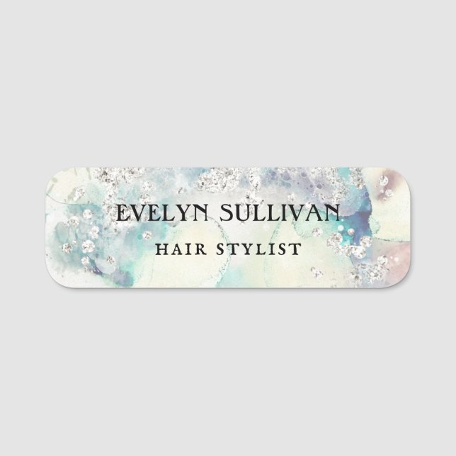 Teal vattenfärg silver glitter namn bricka namnbricka (Framsida)