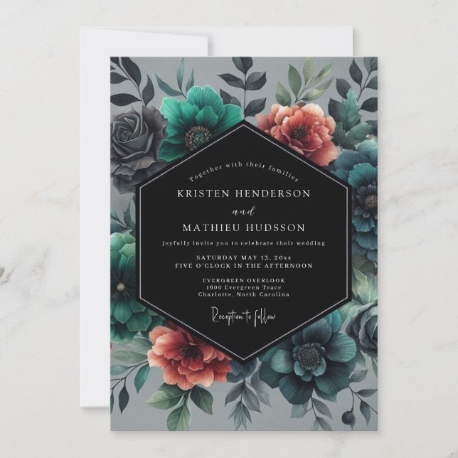 Teal Venetian Flora Wedding Inbjudningar (Framsida)