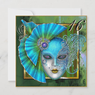 Teal Venetian Masqueramask Sweet 16-inbjudan Inbjudningar