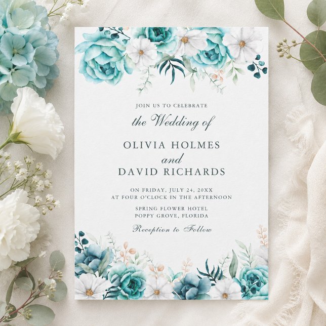 Teal Vildblomma Bröllop | Off Vit Boho Blommig Inbjudningar (Teal Wildflower Wedding | Off White Boho Floral Invitation)