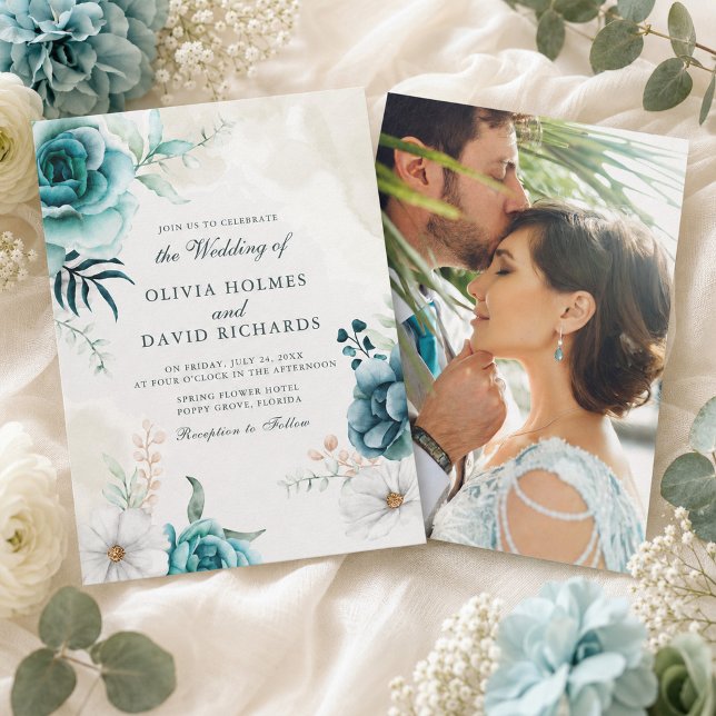 Teal Vildblomma Foto Bröllopsinbjudan Inbjudningar (Teal Wildflower Photo Wedding Invitation)