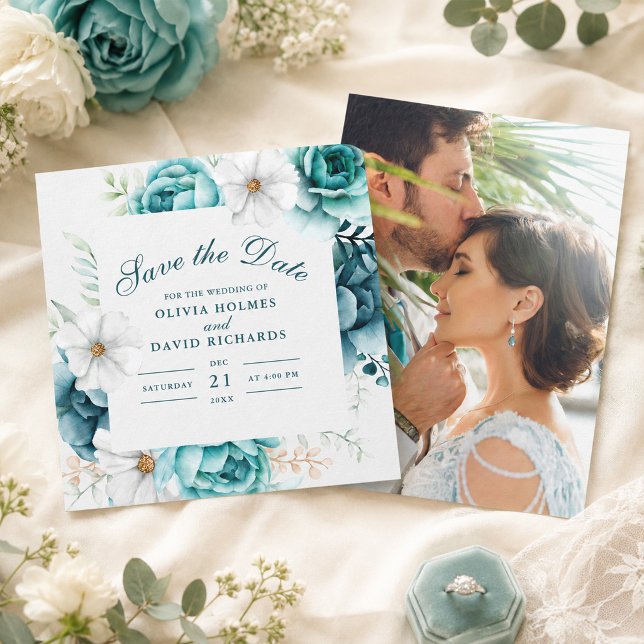 Teal Vildblomma Foto Spara Datum Kort (Teal Wildflower Photo Save the Date Card)