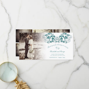 Teal Vintage Damask Blommigt Flourish Photo Bröllo Tack Kort
