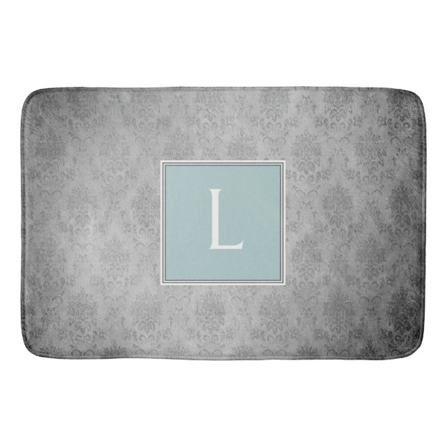 Teal Vintage Damask Monogram Bath Mat Badrumsmatta (Framsidan)