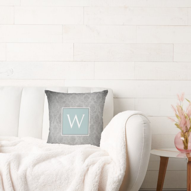 Teal Vintage Damask Monogram Dekorativ kudde (Soffa)