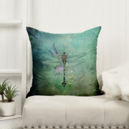 Teal Vintage Dragonfly och Flowers Kudde