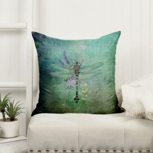Teal Vintage Dragonfly och Flowers Kudde (Skapare uppladdad)