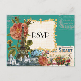 Teal Vintage Eiffel Torn Ro Spara datumkortet Inbjudan Vykort